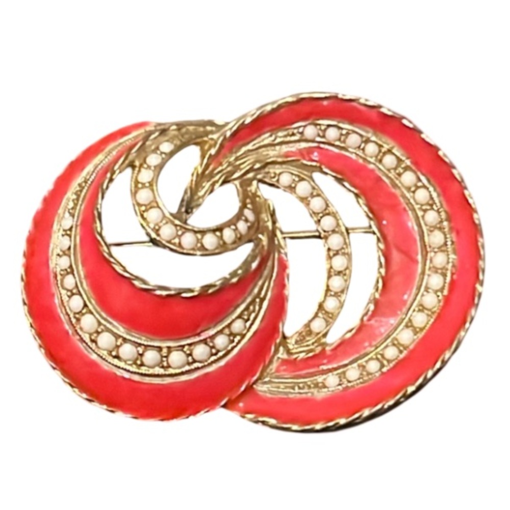 Vintage Les Bernard Pink Enamel & Gold Plated Milk Glass Rhinestone Swirl Brooch